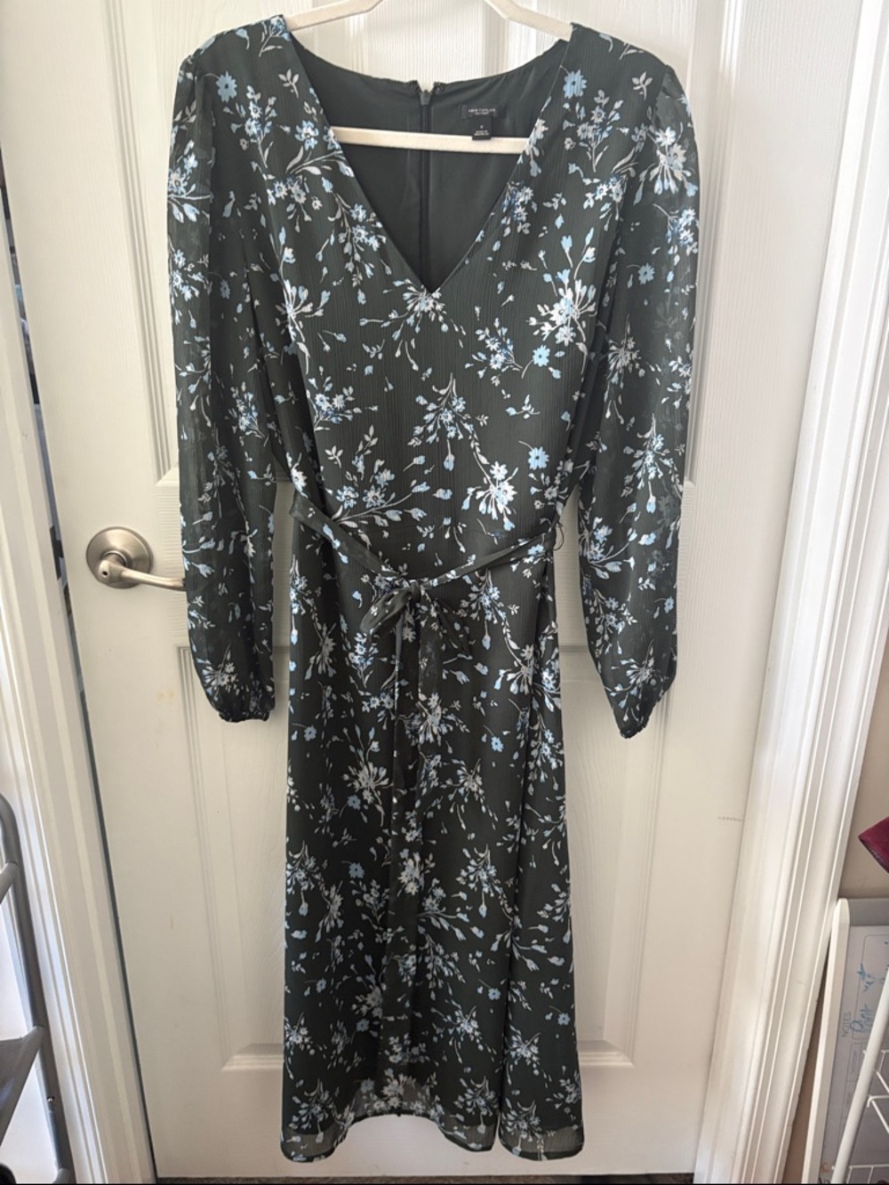 Green Floral V-Neck Chiffon Sleeve Dress